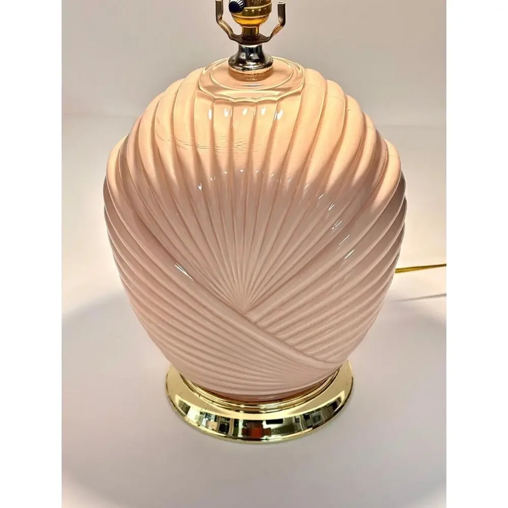 Vintage Art Deco Revival Post Modern 80s Pink Glass Cased Shell Table Lamp Works